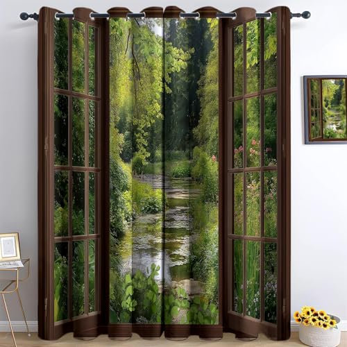 Brauner Holzrahmen Verdunkelungsvorhang-Set, Waldbach Blickdichter Ösenvorhang - Polyester Geräuschreduzierung Vorhang für Wohnzimmer Schlafzimmer 2er Set H260 x B140 cm