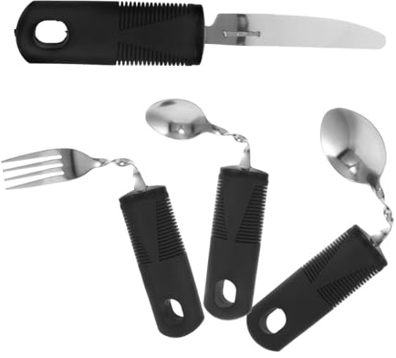 Utensilios Adaptables para Personas Mayores 4 Piezas Acero Inoxidable | Mango Negro Antideslizante, Cuchillo Tenedor Cuchara Flexibles, Apoyo para Adultos con Discapacidad