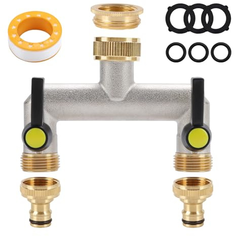 Tap Water Distributor, 3/4 Inch Brass Water Connection Distributor with 3/4'' Hose Connectors and 1/2'' Tap Connector Adapter for Home, Yard, Washing Machine, Garden Hoses (2-Way)