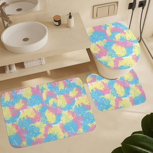 Badgarnitur 3 Teilig Buntes Camouflage-Rosa U-Form Badteppich Toilettensitzbezug Mikrofaser,Weiche für WC Boden