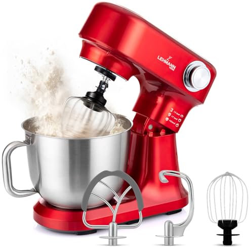 LEHMANN Robot Pâtissier avec kit d'accessoires, 1500 W, 12 Vitesses, Bol Mélangeur 5 L, Petrin avec 3 Mélangeurs - Fouet, Batteur, Crochet, Couvercle Anti-éclaboussures, Antidérapant, Rouge