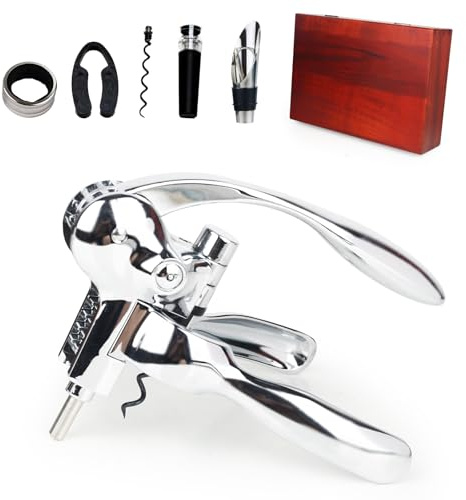 QONYFONE Rabbit Wine Opener Set, Premium 6-Piece Corkscrew Kit with Wooden Gift Box, Includes Foil Cutter, Wine Stopper & Accessories, Easy Cork Removal, Perfect for Wine Lovers (Vintage Silver)