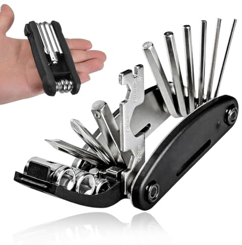 Kit Riparazione con Chiave a Brugola e Bussola, Portatile Colore Nero,Set di Chiavi Multiuso per Bicicletta 16-in-1, Formato Tascabile, Bici Corsa o Mountain Bike, Cacciavite Croce o Testa Piatta