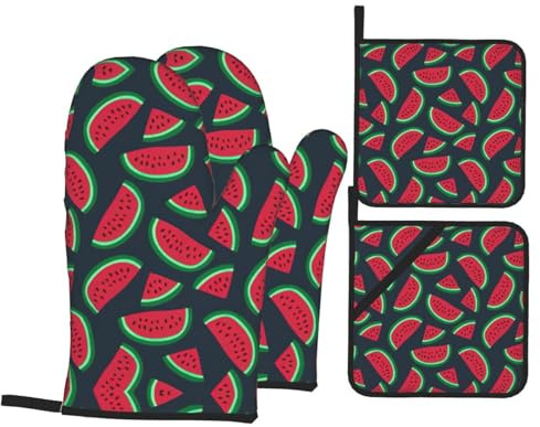 Ensemble de gants de cuisine et de maniques - Gants de cuisine imprimés pastèques rouges - Gants de cuisine résistants à la chaleur