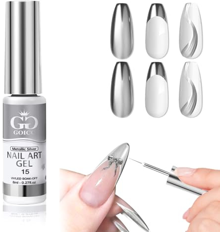 GOICC Chrome Gel Nail Polish Silver Metallic Gel Nail Polish Liner Nail Art Polish 3D Nail Gel Mirror Effect For Nail Design Painting Set With Thin Brush Soak off Curing Requires 8ml