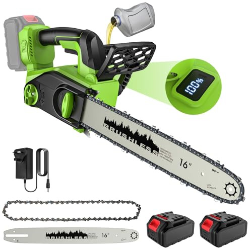 16 Inch Battery Chainsaw, Electric Chainsaw with 2 x 4.0 Ah Battery, 2200W Brushless Motor ＆ LCD Display, Automatic Oil Pump Lubrication, Tool-Free Chain Tensioning, for Garden Trees Wood Cutting
