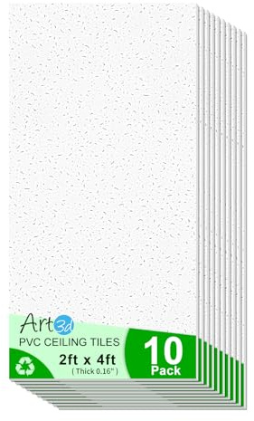 Art3d 24x48 Stucco Printed Drop Ceiling Tiles, 2x4ft Decorative PVC Ceiling Tiles for Home, Office, Restaurant and Gym, Covering 80 Sq.,ft, 10 Pack, White
