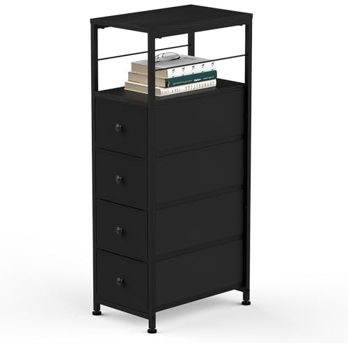 Kommode Schmal Schrank mit 4 Stoffschubladen, Schubladenschrank mit Schubladen, Aufbewahrungs-Turm, Schrank-Organizer-Einheit für Schlafzimmer Wohnzimmer Küche Büro Flur, 87 x 40 x 25,4 cm, Schwarz