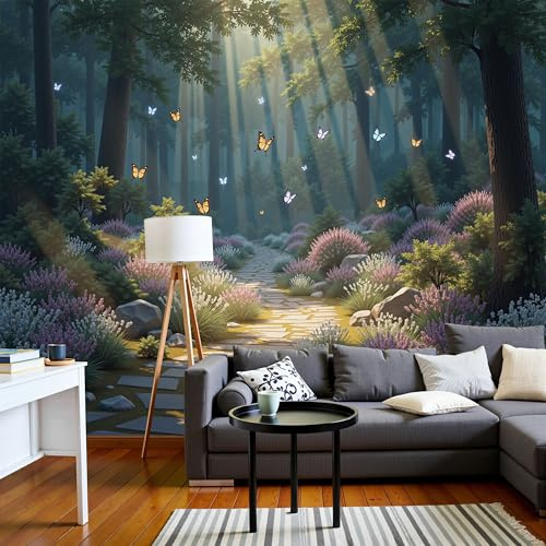 JEDTAKCT Papier Peint Chemin Fleuri Ensoleillé Papillons Rêveurs 400X280Cm Papier Peint Panoramique 3D Grandes Poster Revêtement Mural Photo Vert Forêt Pour Salon Chambre Décor Fond Tv