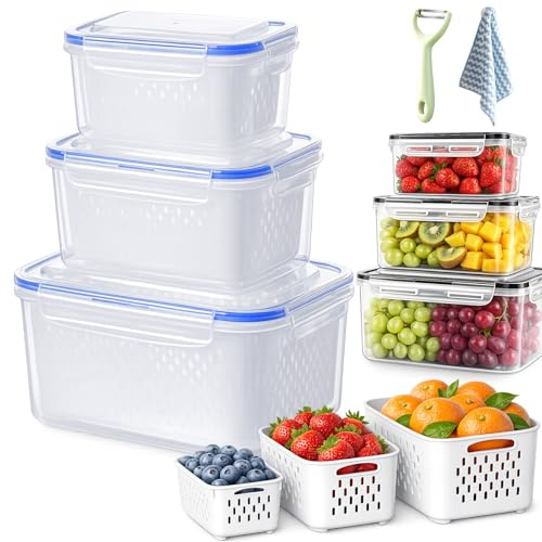 4-in-1 Produce Storage Containers, Fruit Storage Containers for Fridge with Removable Colander & Lid, Airtight Plastic Food Box with Drain Basket for Vegetable & Kitchen Organization (Blue,S+M+L)
