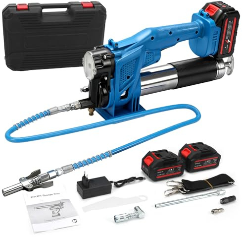 WingFly 12000 PSI Akku Fettpresse mit 2x3000mAh Akkus und Ladegerät | Elektrische Fettpresse mit 4,6 oz/min, Bürstenlosem Motor, 1m Flexschlauch, 90° Grad-Adapter, 3 Mundstücks, LED-Leuchte