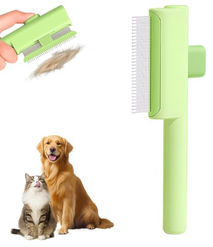 Katzenbürste, 2026 Neu Katzenhaarbürste mit Langen und Kurzen MetallzäHne, AuslöSeknopf Selbstreinigender Unterwolle Bürste Katze für Langhaar und Kurzhaar (Grün)