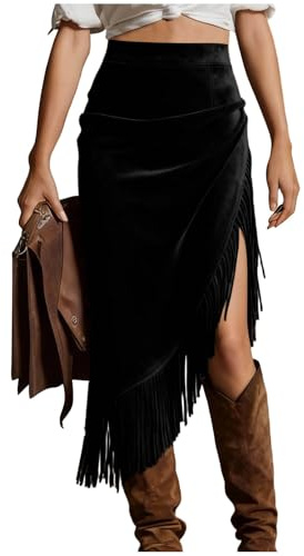 Women's Skirts High Waist Fringe Casual Bodycon A-Line Skirt Elegant Casual Vintage Faux Suede Cowgirl Cowboy Outfits Tassel Fringed Trim Pencil Dressy Midi Skirt Vintage Faux Suede Skirts Black