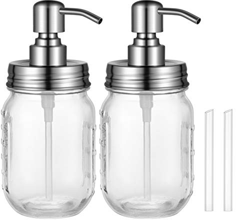 TOPBATHY Seifenspender mit Edelstahlpumpe Glas Flüssigseifen-Spender für Küche Badezimmer Shampoo Öle Lotionen, 2er Set 450ml