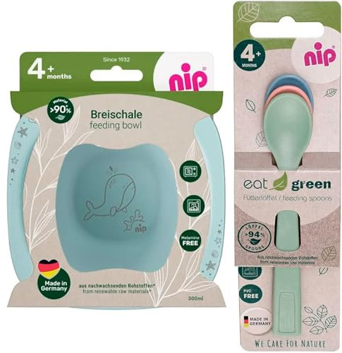 NIP öko bio Geschirrset BOYS ab 4. Monat, 2 Breischale + 3 Eat Green öko bio Babylöffel, Melamin frei, BPA frei, Spülmaschinenfest, geeignet für die Mikrowelle, made in Germany