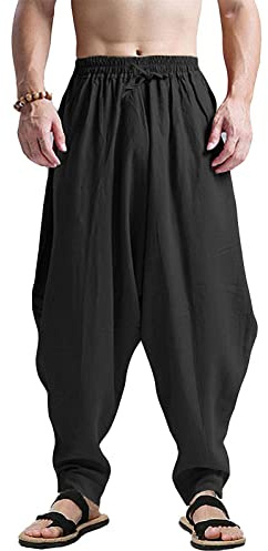 CLANMILUMS Men's Cotton Harem Pants Casual Loose Hippie Drop Crotch Trouser (X-Large, Black)