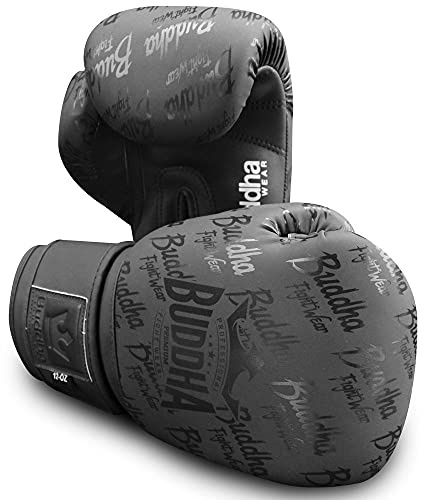 Buddha Fight Wear. Guantes de Boxeo. Especialmente diseñados para Boxeo, Muay Thai, Kick Boxing y MMA Modelo Top Premium Negro Mate 14 Onzas