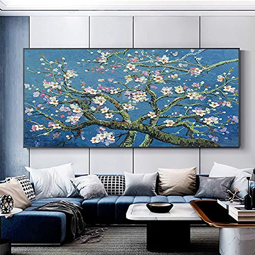 MWMG Gemälde Abstrakt,Zeitgenössische Blumen Pflaumenblütenbaum Textur Blau Große Ölgemälde Kunst Moderne Abstrakte Kunstwerke Leinwand Wandkunst Gemälde Wohnzimmer Schlafzimmer Wohnkultur Bilder