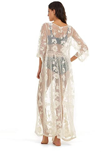 marysgift Lace Kimono for Women Beach Cover Up See Through Bikini Swimsuit Swimwear Bathing Suit Long Beach Dress Floral Cardigan Beige