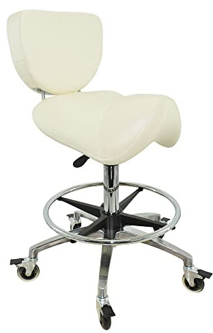 VAKON SALON - Premium Sattelhocker weiß mit Bremse und Lehne, Sattelstuhl für Rückenentlastung, Rollhocker höhenverstellbar von 55-75 cm mit Fußring, Praxishocker, Bürohocker