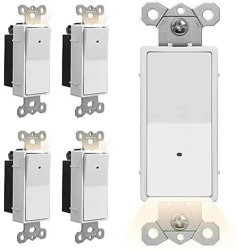 CML Illuminated Light Switch, 5 Pack Single Pole Decorator Paddle Rocker Wall Switch with LED Guide Night Light, Dusk to Dawn Automatic On/Off Light Sensor, 15A 120V, ETL Listed, White