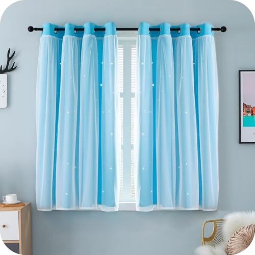 GIRASOLE HOME® Coppia Tende Doppio Velo Oscuranti Morbide Fantasia Stelle Vuote Tenda Isolante per Camera e Cameretta Bambini 2 Pannelli con Occhielli (140x145cm, Celeste)