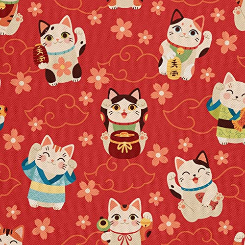 HEKO PANELS Oxford Wasserdichte Meterware Canvas Polyester Stoff Zum Nähen, Dekostoffe Wasserabweisend Blickdicht Katzen Maneki Neko 1 Meter 155 x 100 cm