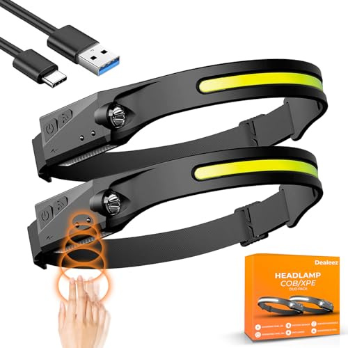 DEALEEZ USB, Pannlampa, uppladdningsbar LED-lampa, vitt ljus med fem lägen, högeffektiv pannlampa, stänkskyddad, 2-pack
