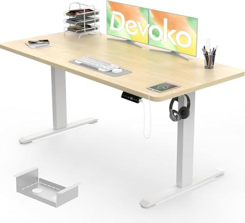 Devoko Elektrischer Stehtisch 140 x 70 cm mit USB-Ladefunktion, höhenverstellbar, mit Tischplatte, zum Sitzen und Stehen, aus strapazierfähigem Stahl, 3 Speicherplätze, Smart Panel (beige)