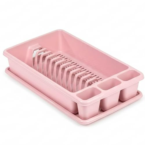 CABLEPELADO Escurreplato de plastico, Escurridor de Platos, Escurridor Fregadero 2 módulos, con Bandeja Anti-Goteo, Plástico, 45 cm de Ancho x 26.5 cm de Fondo x 9 cm de Altura, Rosa