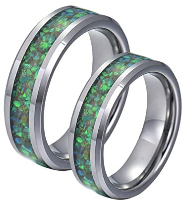 Bishilin Partner Ringe mit Gravur, 8MM Silber Ring mit Grün Opal Damen Gr.65 (20.7) + Herren Gr.60 (19.1), Verlobungsringe Wolframcarbid Paar Ringe Set