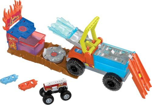 Hot Wheels Monster Trucks Arena Smashers Color Shifters 5-Alarm Rescue-Spielset - Farbwechselfunktionen, Rampe, Tank, Starter, zerstörbare Autos, für Kinder ab 4 Jahren, HPN73