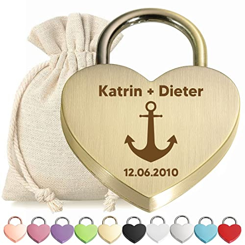 Liebeschloss Herzschloss Schloss Bronze mit personalisierter Gravur - Motiv Anker - Metall Vorhängeschloss - Stoffbeutel - Geschenk Jahrestag, Valentinstag - für Sie und Ihn - liebe, love