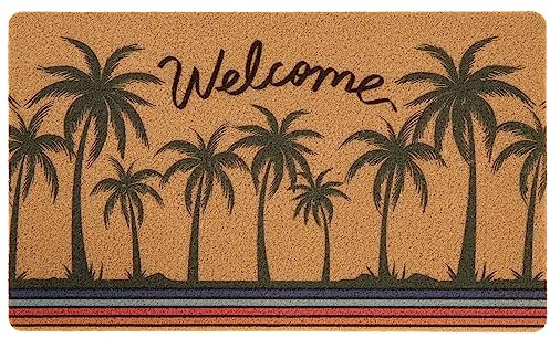 Asrug 17x30 Palm Tree Door Mat Outdoor Indoor Welcome Mats Durable Artificial Coir Doormat for Entryway Low Profile Shoes Scraper Coconut Trees Non-Slip Door Mats for Entrance, Patio, Porch