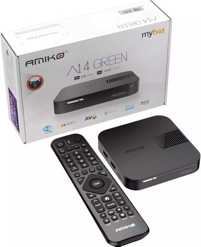 Amiko A14 Green Android IPTV Set Top Box Quad Core MYTV3 4K UHD Internet TV Player MYTV HDR HDR10 Dual Band WiFi 2GB + 16GB MY TV UK Plug A14