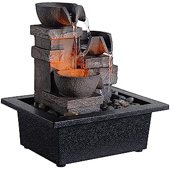 MAOCHI Indoor Fountain 3-Bowl Rockery Soothing Sound Tabletop Fountains Home/Office Decor with Natural River Rocks LED Lights Automatic Watering Pump(22044A)