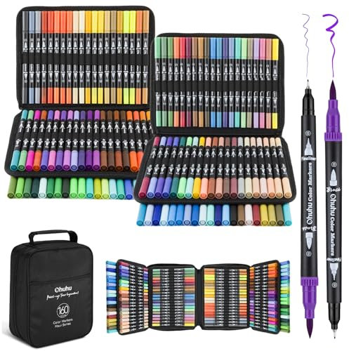 Ohuhu 160 Farben Filzstifte – Dual Brush Pen Set mit Doppelspitze (Pinsel & Fineliner), wasserbasierte Stifte für Erwachsene – Ideal für Bullet Journal, Kalligraphie Mandala, Maui Serie - Tragetasche