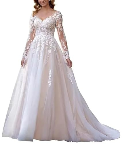 JAEDEN Damen Brautkleider V-Ausschnitt Langarm Hochzeitskleid Prinzessin Standesamtkleid Tüll Spitze Brautkleid Elfenbein 40