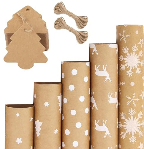 Elch Schneeflocken Geschenkpapier Weihnachten,Weihnachten Geschenkpapier Set,5 Blatt Geschenkpapier mit 50 Pcs Geschenkanhänger 2 Packseil,Recyceltes Kraft Weihnachtsgeschenkpapier,40 x100CM