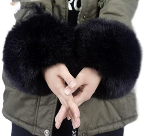 1 Paare Armstulpen Fell Stulpen, Damen weiche Kunstpelz Pulswärmer Fell Manschetten Warmers Pelz Armstulpen Kunstfell Fellstulpen Wärmer Faux Fell Pelz Stulpen Armstulpen für Frauen -Schwarz #5