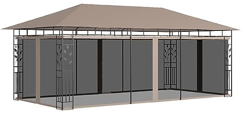 GuyAna Pavillon mit Moskitonetz 6x3x2,73 m Taupe 180 g/m² TerassenüBerdachung Gartenpavillon Winterfest