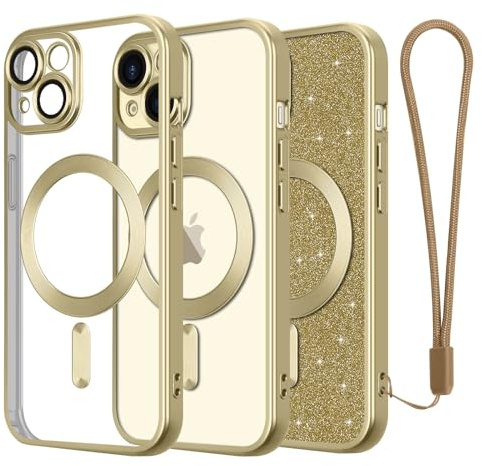 Ethanger Magnetic Case for iPhone 15, Titanium gold | Compatible with MagSafe, with 2 x Screen Protector, with Glitter Card and Wrist Strap, Protective Case for Women Girls