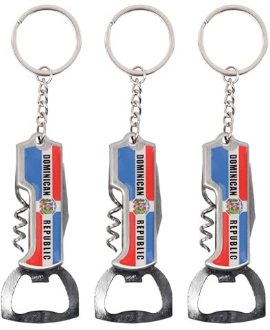 Multifunctional Bottle Opener Keychain Corkscrew Keychains - Dominican Republic Flag (Set of 3 Dominican)