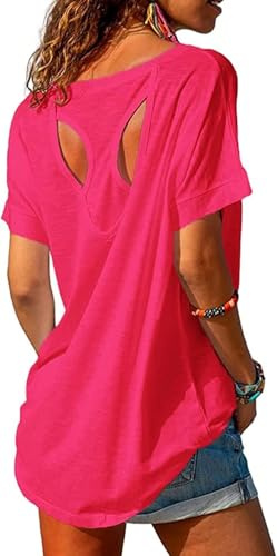 Fisoew T-Shirt de Sport pour Femmes - Fitness à Manches Courtes - Yoga - Léger - Gym - Haut de Sport - Décontracté, Rose, XL