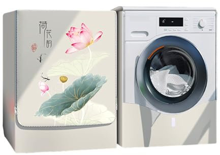 Odot Copri Lavatrice Esterni, Coprilavatrice da Esterno Impermeabile Antipolvere Anti Sunlight, Copertura per Lavatrice e Asciugatrice con Aperture Frontali (Loto Rosa e Bianco,S (4,5-5,5kg))