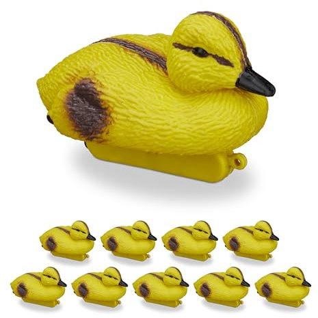 Relaxdays Teichente Küken im 10er Anatre da Stagno, Set 10 Anatroccoli, Baby Duck Galleggianti, Plastica, Figure Laghetto, Giardino, Giallo-Nero, 7 x 6,5 x 12,5 cm