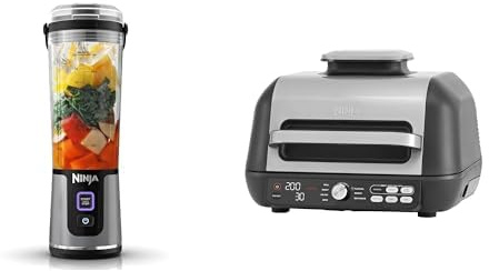 Ninja Blast Blender portable, 530 ml, mini blender sans fil puissant, rechargeable, BC151EUBK + Ninja Foodi MAX PRO Grill, Plancha & Air Fryer avec sonde de cuisson numérique, 3,8L, 7 en 1, AG651EU