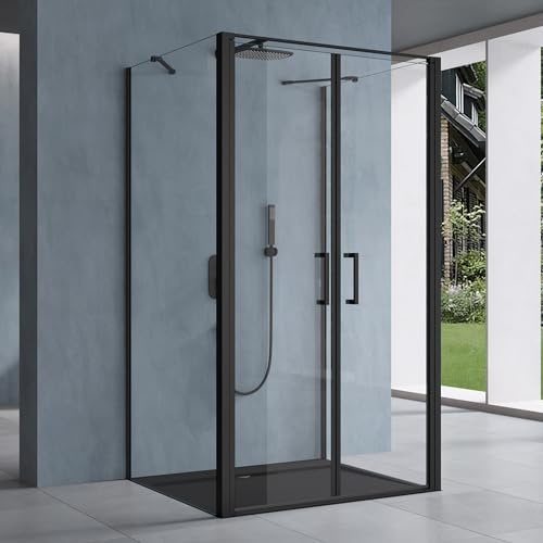 doporro U-Form Duschkabine 100x120x195 cm Klarglas inkl. Duschtasse | Duschabtrennung in Schwarz zwei Drehtüren | 8mm ESG-Sicherheitsglas | Nano-Beschichtung | Ravenna66UK