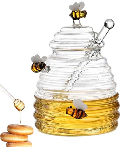 Bocal à miel, avec cuillère et couvercle, 400 ml, en verre, pot à miel, boîte à miel, boîte à miel, boîte à confiture, boîte de conservation, verres à miel transparents, pour servir du miel et