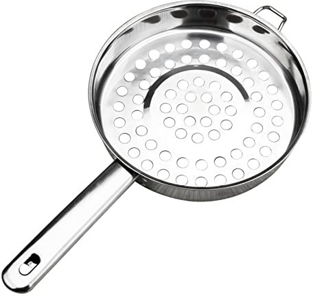 Colador de malla grande de acero inoxidable con mango largo, parte inferior plana, cuchara perforada y ranurada para cocina, alimentos, pasta, fideos, verduras